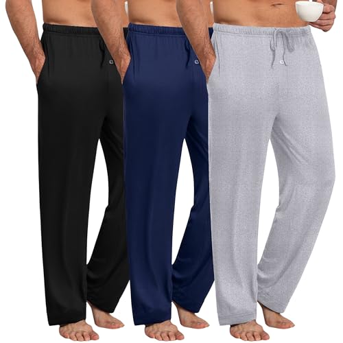 Ekouaer Schlafanzughose Herren Lang Pyjama Herren Karierte Schlafanzug Bequeme Schlafhose Loungewear mit Taschen Schwarz + Marineblau + Helles geblümtes Grau S von Ekouaer