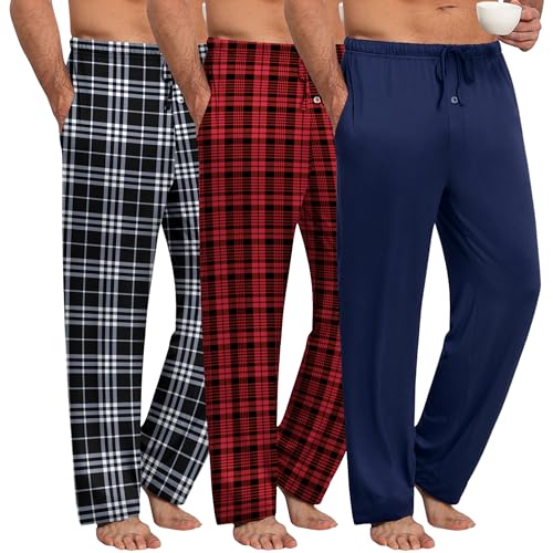 Ekouaer Schlafanzughose Herren Lang Pyjama Hose Schlafanzüge Für Herren Weich Schlafhose Lounge Bottoms mit Taschen Rot + Blau + Schwarz M von Ekouaer