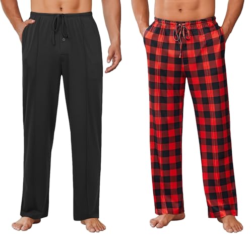 Ekouaer Schlafanzughose Herren Lang Weich Pyjamahose mit Elastischer Bund und Kordelzug Freizeithose,Einfarbig Schwarz+Karierte Rot L von Ekouaer