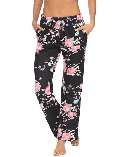 Ekouaer Schlafanzughose Karrierte Damen Lang Schlafanzug weich Pyjamahose Lange Hosen Freizeithose Strandhose Hose Schwarz + Schmetterling M von Ekouaer