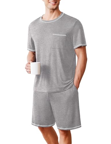 Ekouaer Schlafanzughose Kurzer Herren Schlafanzug Weich Pyjama Nachtwäsche Hausanzug Rundhals Schlafanzüge Kurzarm, Hellgrau, XXL von Ekouaer