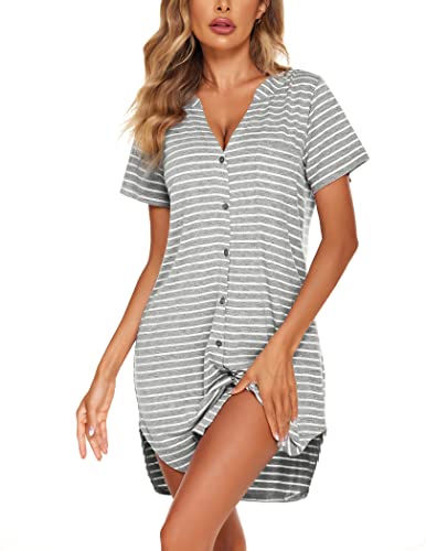 Ekouaer Schlafkleid Damen Kurzarm Nachthemd Sexy Schlafhemd V-Ausschinitt Sommer Nachtwäsche mit Knöpfe Schlafshirt, Gestreift, XL von Ekouaer