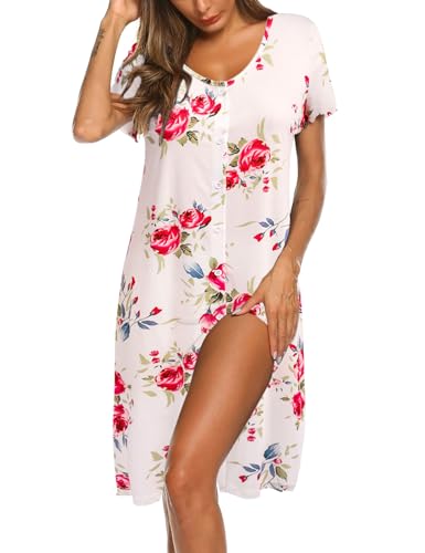 Ekouaer Schlafshirt Damen Blume Nachthemd Kurzarm Sleepshirt Nachtwäsche Knopfleiste Weiß Blume XXL Ekouaer Schlafshirt Damen Blume Nachthemd Kurzarm Sleepshirt Nachtwäsche Knopfleiste Weiß Blume XXL von Ekouaer
