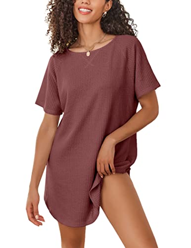 Ekouaer Damen Nachthemd Kurz Sommer Loungewear Kurzarm Nachtkleid Bequeme Sleepshirt, Rötlich Braun, S von Ekouaer