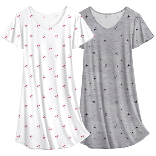 Ekouaer Schlafshirt Damen Nachthemd Kurzarm Zweiteiliger Schlaf T-Shirt Kurz Grau Schleife + Kirsche XXL von Ekouaer