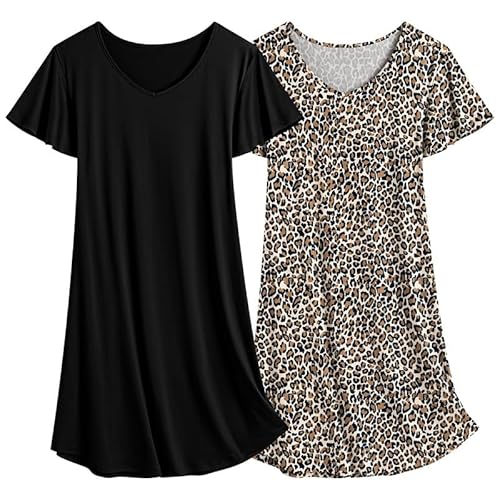 Ekouaer Schlafshirt Damen Nachthemd Kurzarm 2er Pack Schlaf T-Shirt Kurz schwarz + Leopard XXL von Ekouaer