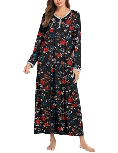 Ekouaer Nachthemd Damen Langarm Weihnachten Nachtkleid Lang Weihnachts Nachthemden für Damen mit V-Ausschnitt Sleepwear Schwarz Rot von Ekouaer