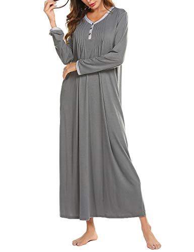 Ekouaer Schlafshirt Damen Nachthemd Lange Ärmel Nachtkleid Lang Damennachthemden T-Shirt Winter Strandkleid Große Größen，Hellgrau，S von Ekouaer