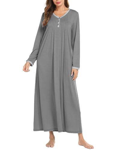 Ekouaer Nachthemd Damen Lang V-Ausschnitt Nachtkleid Langarm Sleepshirt mit Knöpfen Locker Sleepwear Grau von Ekouaer