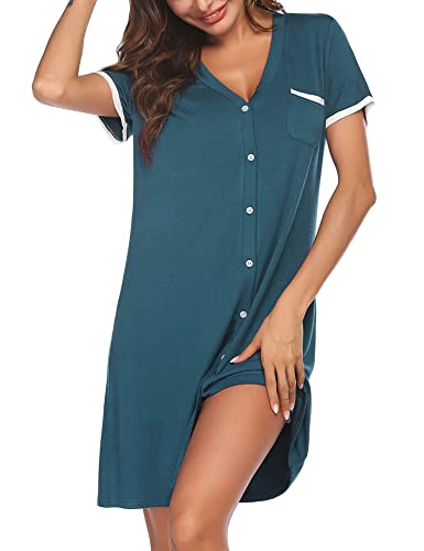 Ekouaer Schlafshirt Damen Sommer Nachthemd Kurzarm Sleepshirt Elegant Nachtwäsche Knopfleiste Türkis M von Ekouaer