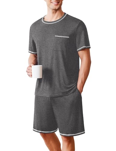 Ekouaer Schlafshorts Herren Kurz Schlafanzug Pyjama Set Kurzarm T-Shirt Pyjamahose Zweiteiliger, Grau, S von Ekouaer