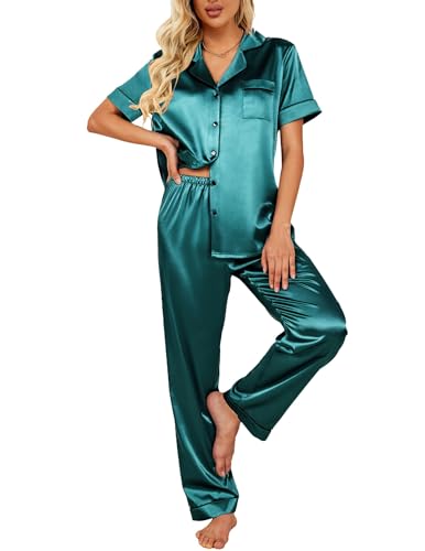 Ekouaer Seide Pyjama Set Langarm Schlafanzug Damen mit Knopf Seide Zweiteiliger Pjs Sets Hausanzug,Blau Grün,XL von Ekouaer