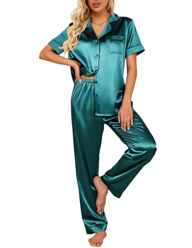 Ekouaer Schlafanzug Seide Damen Satin Pyjama Damen Schlafanzug Satin mit Knopfleiste, Blau Grün, XL von Ekouaer