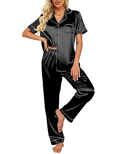 Ekouaer Seiden-Satin-Pyjama-Set Damen Zweiteilige Nachtwäsche Kurzarm Nachtwäsche Weiche Knopfleiste Loungewear Pjs Set S-XXL, 02 schwarze Taschen, M von Ekouaer