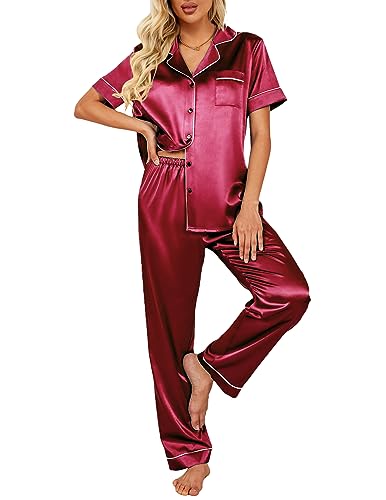 Ekouaer Seiden-Satin-Pyjama-Set für Damen, zweiteilig, Nachtwäsche, kurzärmelig, Nachtwäsche, weiche Button-Down-Loungewear-Pyjama-Set, Weinrot, M von Ekouaer