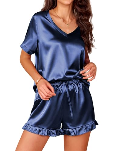 Ekouaer Seidenpyjama Set für Damen Schlafanzüge für Damen Satin Rüschen Nachtwäsche 2-teiliges Pyjama Navy blau M von Ekouaer
