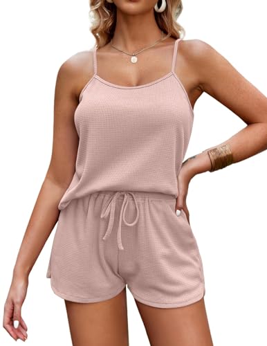 Ekouaer Sexy Nachtwäsche Frauen Schlafanzug für Damen weiche Dessous Nachtwäsche 2-teiliges Cami-Shorts-Set Waffelstrick-Pyjama-Loungewear, 2PC- Hell-Pink, M von Ekouaer