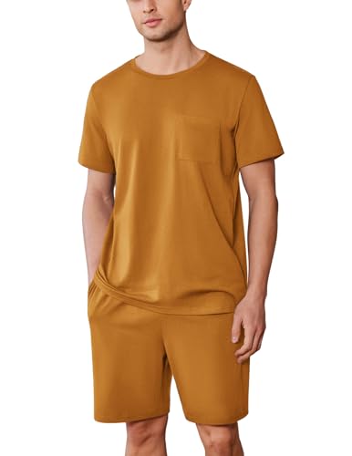 Ekouaer Schlafanzug Herren Kurz Baumwolle Sommer Pyjama Set Kurzarm und Shorts, Braun, XXL von Ekouaer