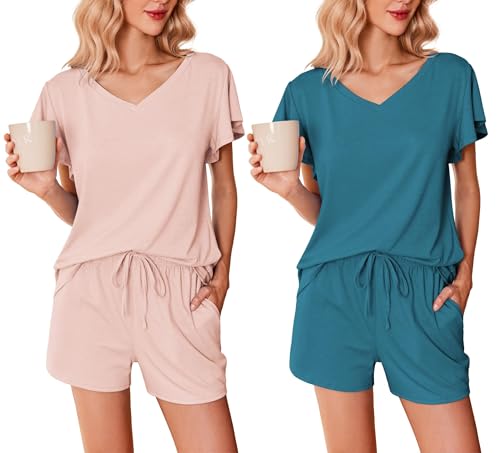 Ekouaer Shorty Pyjama Damen Schlafanzug Kurz Sommer Set 2 Pack Kurzarm Shorts Nachtwäsche Loungewear,Hellrosa + Türkis, S von Ekouaer