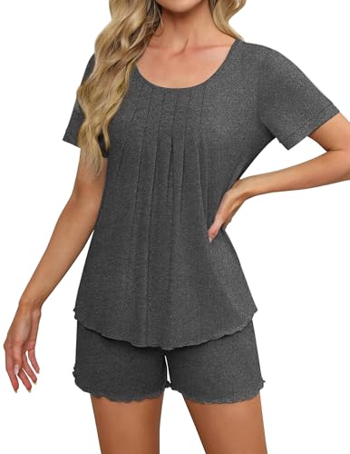 Ekouaer Shorty Pyjama Damen Schlafanzug Kurz Sommer Set Kurzarm Shorts Nachtwäsche Loungewear,Dunkelblumengrau, M von Ekouaer