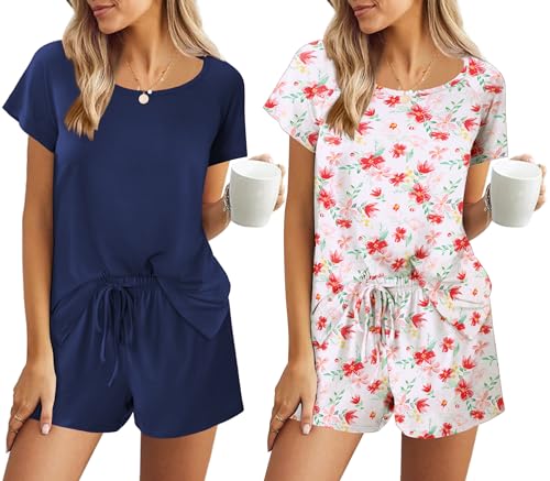 Ekouaer Sleepwear Damen Kurzarm Schlafanzug Shorty 2er Pack Pyjama Rundhals Zweiteiliger Bequem Pyjamahose Süß, Navy+Blumen2, M von Ekouaer
