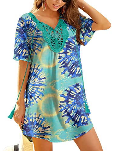 Ekouaer Spitze Strandkleid Damen Kurz Sexy Strandtunika Strandponcho V Ausschnitt Longbluse Elegant Blau Tie Dye XL von Ekouaer