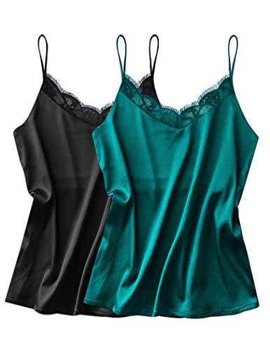 Ekouaer Spitzen Satin Unterhemden Damen Sommer 2-Teilig Seidenbluse V-Ausschnitt Spaghettiträger, Schwarz + Grün, M von Ekouaer