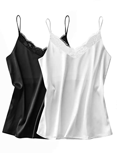 Ekouaer Spitzen Satin Unterhemden Damen Tops Sommer 2-Teilig Seide Trägertop V-Ausschnitt Spaghettiträger, Schwarz + Weiß, M von Ekouaer