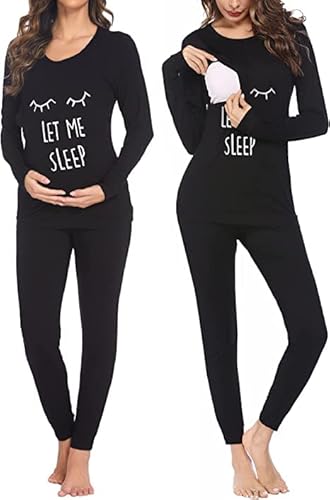 Ekouaer Still Pyjama Damen Langarm Umstands Schlafanzug Winter Zweiteiliges Nachtwäsche Umstandspyjama Set mit Rundhals, Schwarz, M von Ekouaer