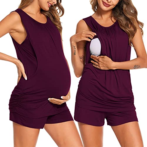 Ekouaer Stillen Schlafanzug Damen Homewear für Schwangere Zweiteiliger Pyjama Set Ärmellos Stilltop für Schwangerschaft Maroon XL von Ekouaer