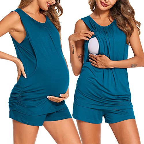 Ekouaer Stillen Schlafanzug Damen Homewear für Schwangere Zweiteiliger Pyjama Set Ärmellos Stilltop für Schwangerschaft navyblue XL von Ekouaer