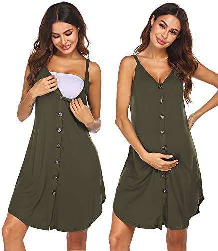 Ekouaer Stillnachthemd Damen Umstandskleid Button Down Nachthemd Ärmellos Stillen Nachtwäsche Krankenhauskleid, Grün (Army Green), XX-Large von Ekouaer