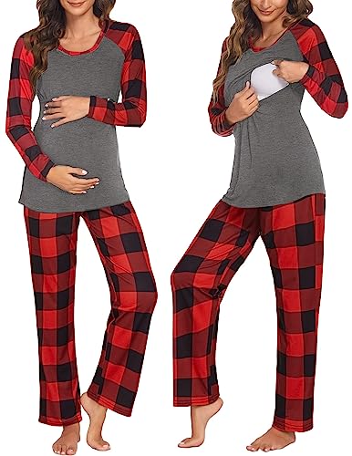 Ekouaer Stillpyjama Damen Still Schlafanzug Umstandsschlafanzug Langarm Wochenbett Hausanzug Schwangerschaft Winter Rot Kariert - grau XL von Ekouaer
