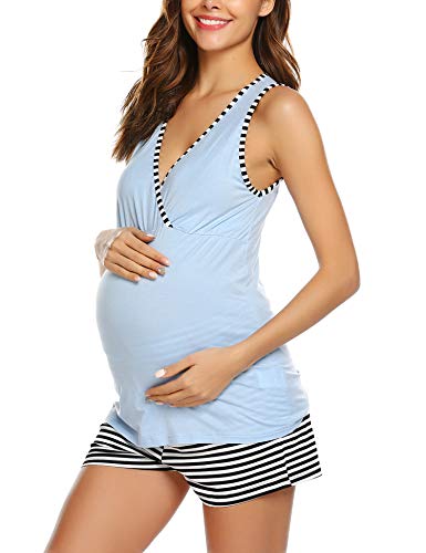 Ekouaer Stillpyjama Damen Kurz Schlafanzug für Schwangerschaft Gestreift Pyjama-Set Umstandsmode Nachtwäsche, Hellblau, L von Ekouaer