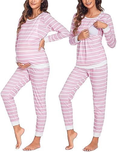 Ekouaer Stillpyjama Damen Langarm Umstands Schlafanzug Winter Zweiteiliges Nachtwäsche Umstandspyjama Set mit Rundhals, Rosa, XXL von Ekouaer