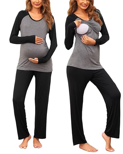 Ekouaer Stillpyjama Damen Still Schlafanzug Umstandsschlafanzug Langarm Wochenbett Hausanzug Schwangerschaft Winter Schwarz/Grau 2 S von Ekouaer