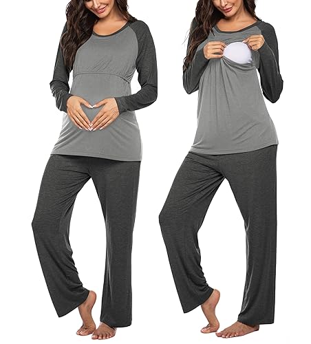 Ekouaer Stillpyjama Damen lang Stillschlafanzug Geburt Zweiteilige Nachtwäsche Umstandpyjama Set mit Rundhals Homewear Wochenbett Grau S von Ekouaer