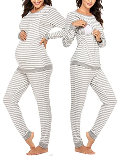 Ekouaer Stillschlafanzug Damen Langarm Umstands Pyjama Set Schwangerschaft Streifen Thermo zweiteiliges Nachtwäsche für Mutter Hellgrau Streifen XL von Ekouaer