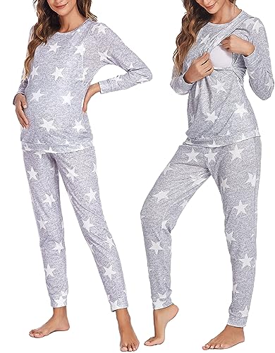 Ekouaer Still Schlafanzug Damen Langarm Umstands Pyjama Set Schwangerschaft Stern Thermo zweiteiliges Nachtwsche für Mutter Hellgrau Stern XL von Ekouaer