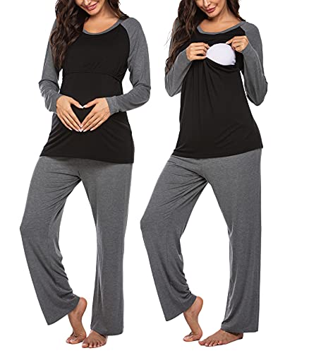 Ekouaer Stillschlafanzug Damen Umstandsschlafanzug Still Pyjama Lang Krankenhaus Schwangerschaft Sets Stillmode 1 Schwarz/Grau XXL von Ekouaer