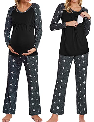 Ekouaer Stillschlafanzug Damen Umstandsschlafanzug Still Pyjama Lang Krankenhaus Schwangerschaft Sets Stillmode Dunkelgrau Sterne XL von Ekouaer