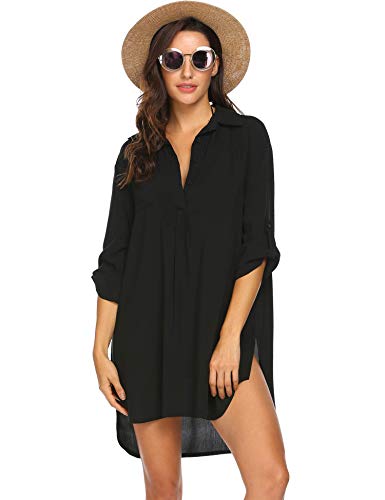 Ekouaer Strandkleid Damen Bikini Cover Up Tunika Bluse Lang Strandkleid Damen Shirt Strandponcho Sommer Cuffed Sleeve Shirts Tops, Schwarz, S von Ekouaer