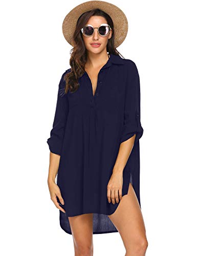 Ekouaer Strandkleid Damen Frauen Badeanzug Strand Vertuschen Shirt Bikini Beachwear Badeanzug Strandkleid Strandponcho Sommer, Navyblau, M von Ekouaer