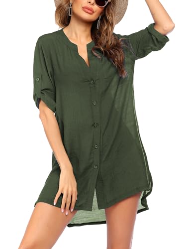 Ekouaer Strandkleid Damen Hemdkleid Frauen Badeanzug Strand Vertuschen Shirt Bikini Beachwear Badeanzug Strandkleid Strandponcho Sommer Armeegrün XL von Ekouaer