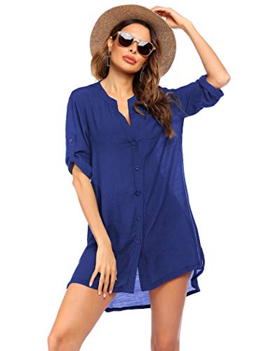 Ekouaer Strandkleid Damen Bikini Cover Up Strandponcho Sommer Strand Tunika Damen Strandurlaub mit Knopfleiste und Tasche, Königsblau, XL von Ekouaer