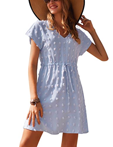 Ekouaer Damen Strandkleid Kurz Strandponcho Kurzarm Swiss Dots Strandtunika mit V-Ausschnitt Sommer Freizeitkleid Hellblau S von Ekouaer
