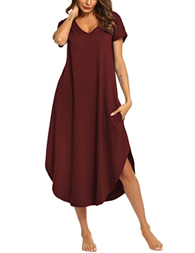 Ekouaer Strandkleid Damen Nachthemd Kurzarm T-Shirt Sommer Nachtkleid Lang V-Ausschnitt Freizeitkleid Große Größen mit Taschen，Weinrot，S von Ekouaer