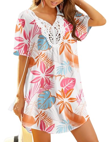 Ekouaer Strandkleid Damen V Ausschnitt Spitze Strandtunika Kurz Strandponcho Große Größen Longbluse rosa-Dschungel S von Ekouaer