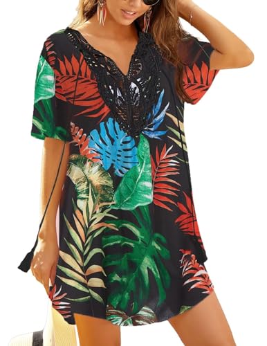 Ekouaer Strandkleider Damen Sommer Strandtunika Spitze Strandponcho V Ausschnitt Kurz Bunt Swimwear Cover Up L von Ekouaer