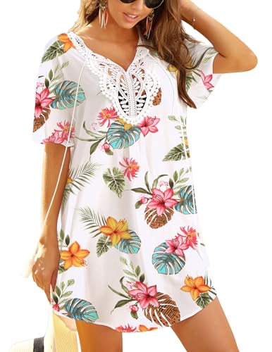 Ekouaer Strandkleider Damen Sommer Strandtunika Spitze Strandponcho V Ausschnitt Kurz Swimwear Cover Up Blumen Plumeria L von Ekouaer